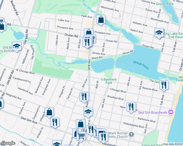 map of restaurants, bars, coffee shops, grocery stores, and more near 624 Beacon Boulevard in Sea Girt