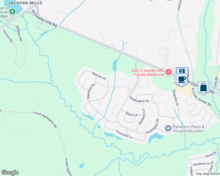 map of restaurants, bars, coffee shops, grocery stores, and more near 26 Woodstock Court in Jackson Township