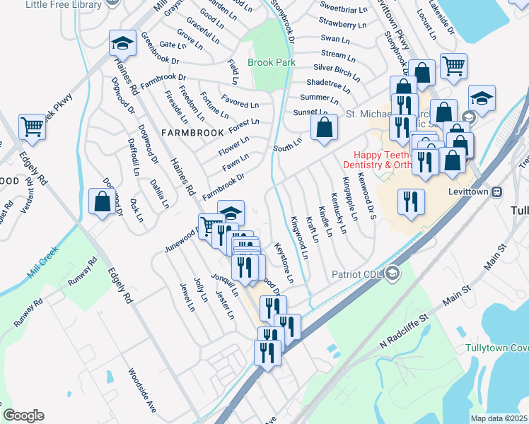 map of restaurants, bars, coffee shops, grocery stores, and more near 61 Kenwood Drive North in Levittown
