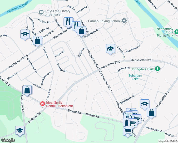 map of restaurants, bars, coffee shops, grocery stores, and more near 3266 Leeland Drive in Bensalem