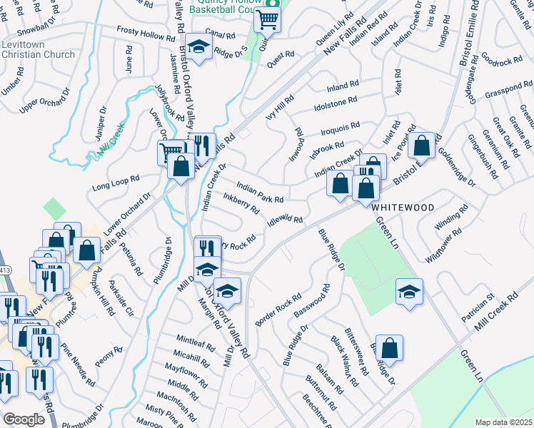 map of restaurants, bars, coffee shops, grocery stores, and more near 49 Inkberry Road in Levittown