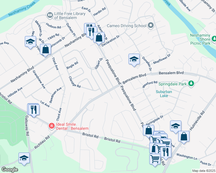 map of restaurants, bars, coffee shops, grocery stores, and more near 3266 Leeland Drive in Bensalem