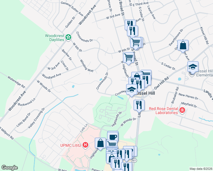 map of restaurants, bars, coffee shops, grocery stores, and more near 331 Crosswinds Drive in Lititz