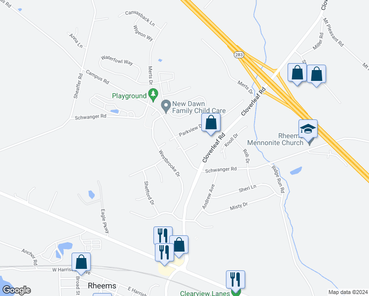 map of restaurants, bars, coffee shops, grocery stores, and more near 1035 Schwanger Road in Elizabethtown