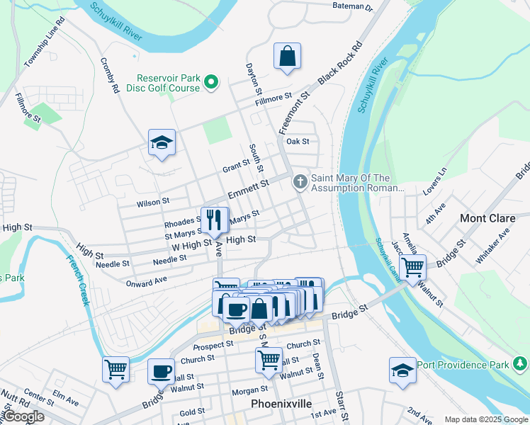 map of restaurants, bars, coffee shops, grocery stores, and more near 216 Saint Marys Street in Phoenixville