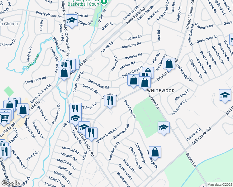 map of restaurants, bars, coffee shops, grocery stores, and more near 109 Idlewild Road in Levittown