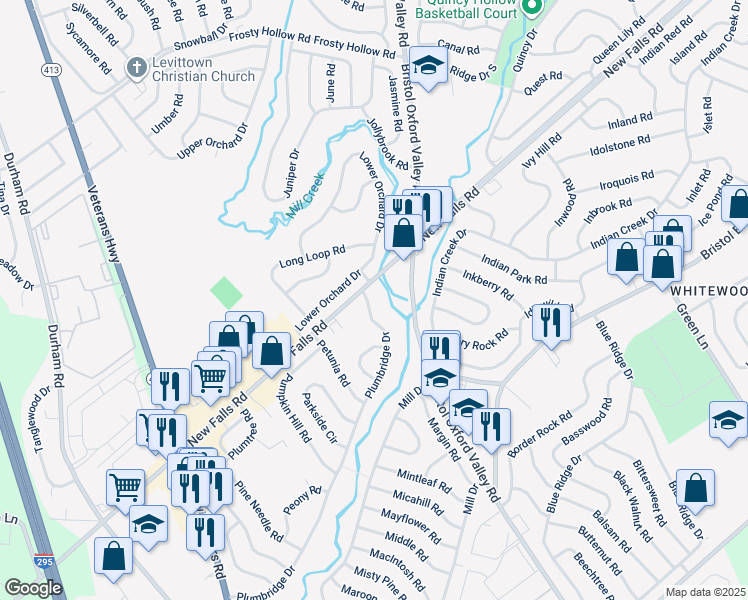 map of restaurants, bars, coffee shops, grocery stores, and more near 218 Plumbridge Drive in Levittown