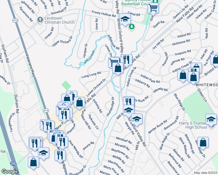 map of restaurants, bars, coffee shops, grocery stores, and more near 218 Plumbridge Drive in Levittown