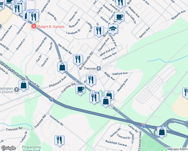 map of restaurants, bars, coffee shops, grocery stores, and more near 3129 Rail Avenue in Trevose