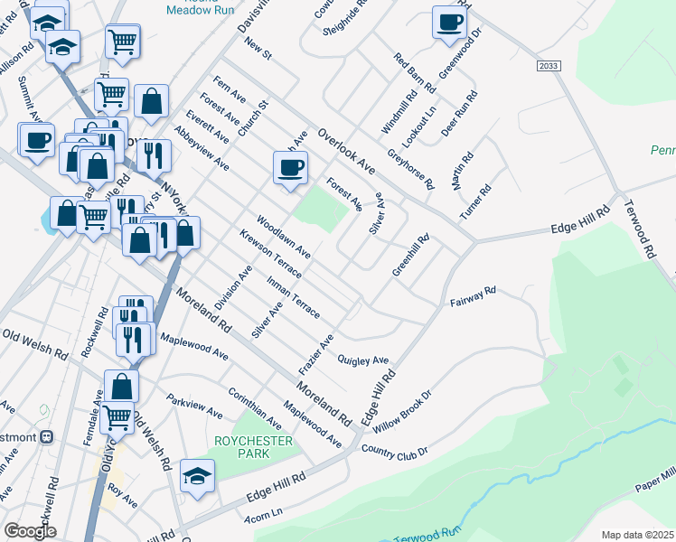 map of restaurants, bars, coffee shops, grocery stores, and more near 413 Woodlawn Avenue in Willow Grove