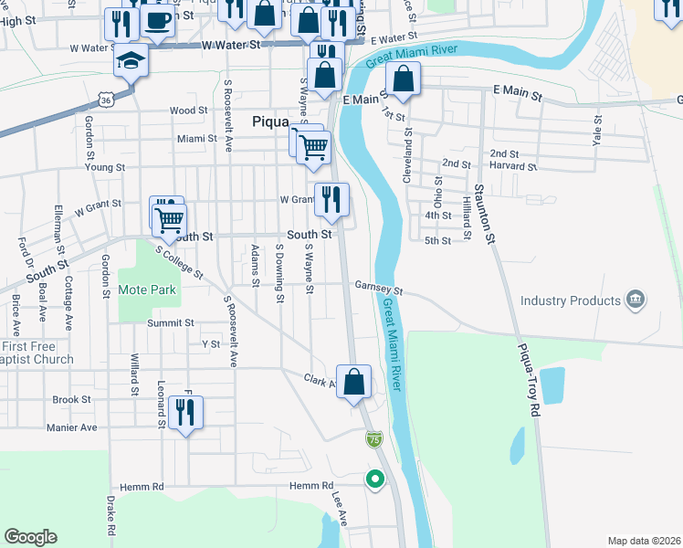 map of restaurants, bars, coffee shops, grocery stores, and more near 625 South Main Street in Piqua