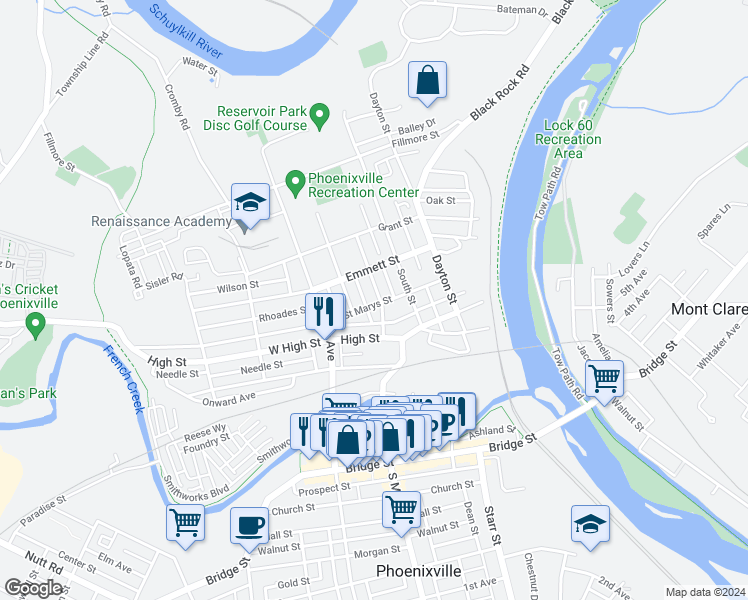 map of restaurants, bars, coffee shops, grocery stores, and more near 305 Saint Marys Street in Phoenixville