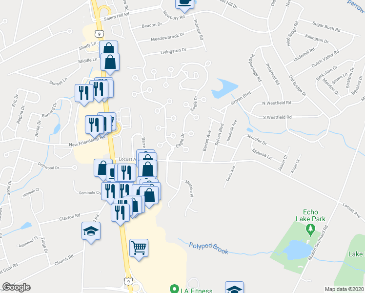 map of restaurants, bars, coffee shops, grocery stores, and more near 35 Blue Bird Lane in Howell