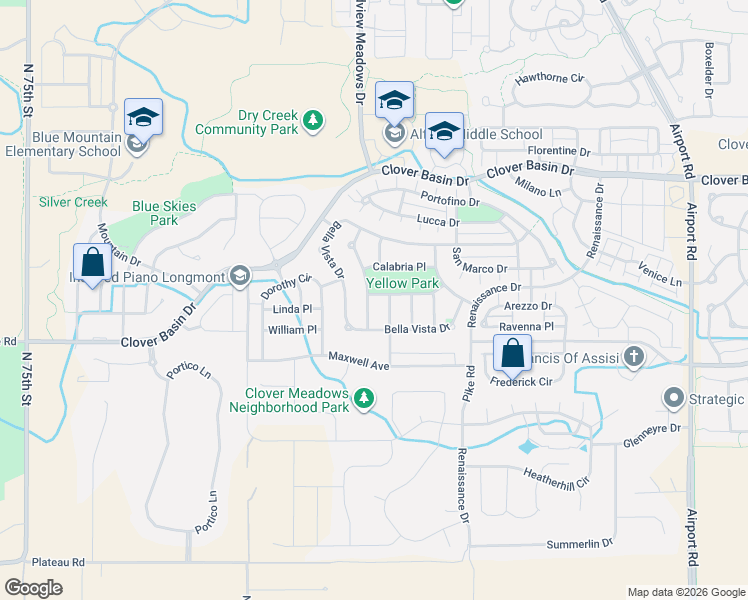 map of restaurants, bars, coffee shops, grocery stores, and more near 1611 Sicily Drive in Longmont