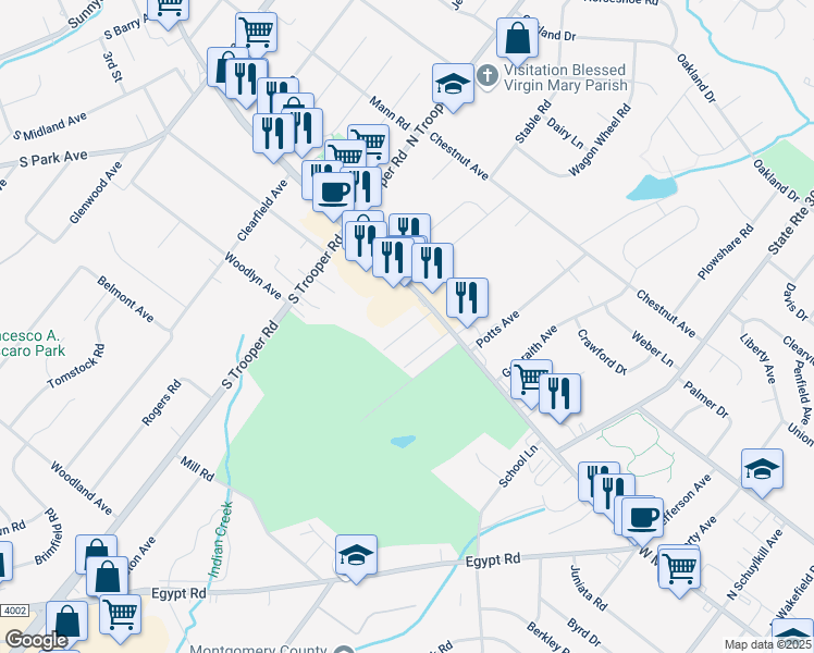 map of restaurants, bars, coffee shops, grocery stores, and more near 13 Hummingbird Lane in Phoenixville