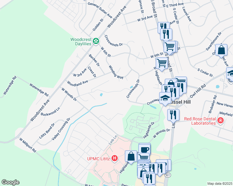 map of restaurants, bars, coffee shops, grocery stores, and more near 42 Tupelo Street in Lititz