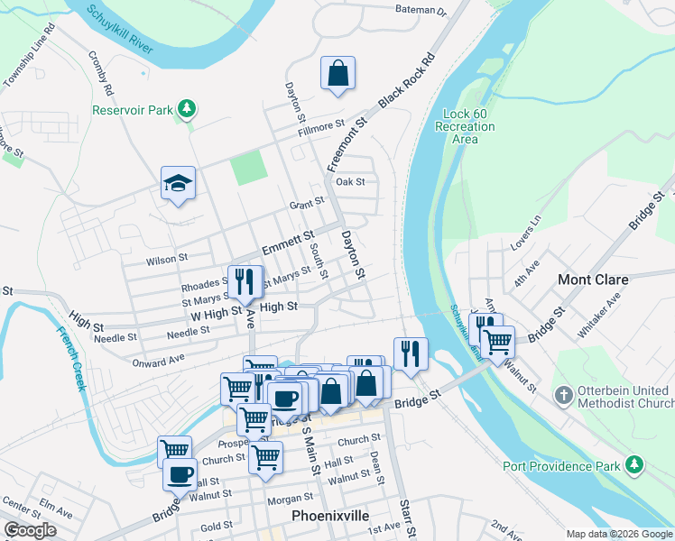 map of restaurants, bars, coffee shops, grocery stores, and more near 119 Saint Marys Street in Phoenixville