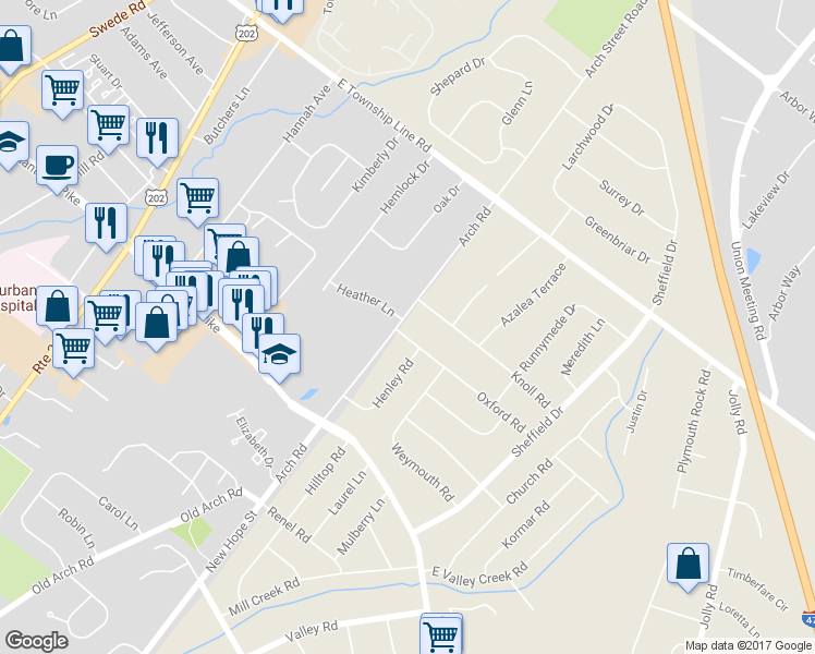 map of restaurants, bars, coffee shops, grocery stores, and more near 313 Oxford Road in Plymouth Meeting