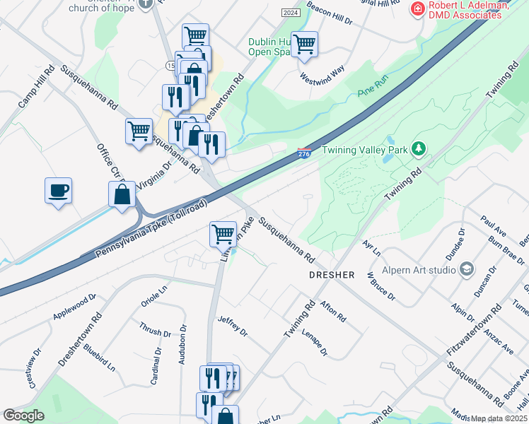 map of restaurants, bars, coffee shops, grocery stores, and more near 229 Brookdale Court in Dresher