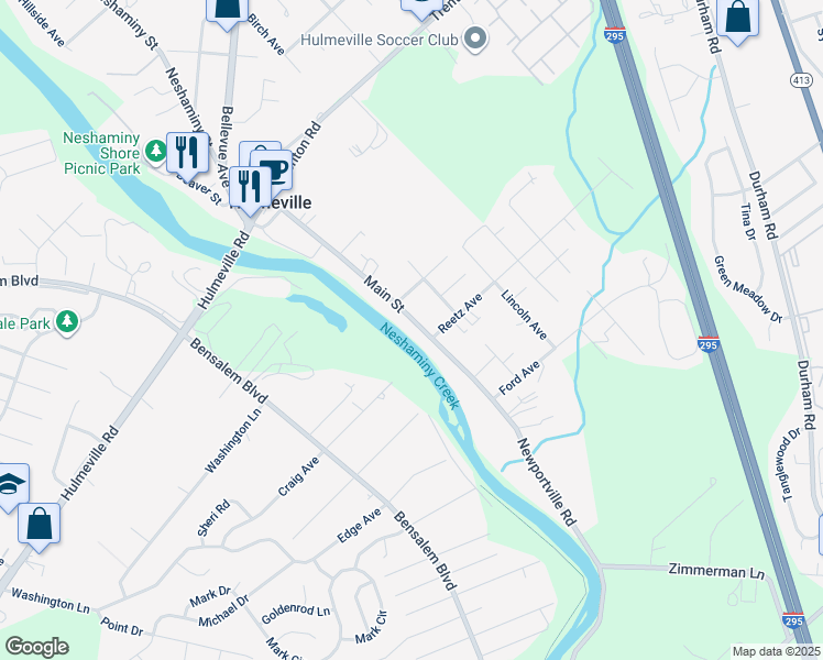 map of restaurants, bars, coffee shops, grocery stores, and more near 410 Main Street in Hulmeville