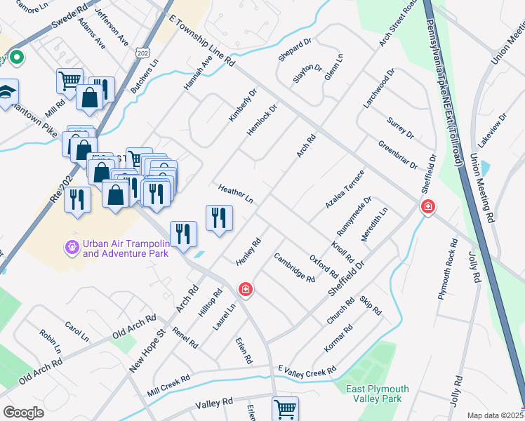 map of restaurants, bars, coffee shops, grocery stores, and more near 313 Oxford Road in Plymouth Meeting