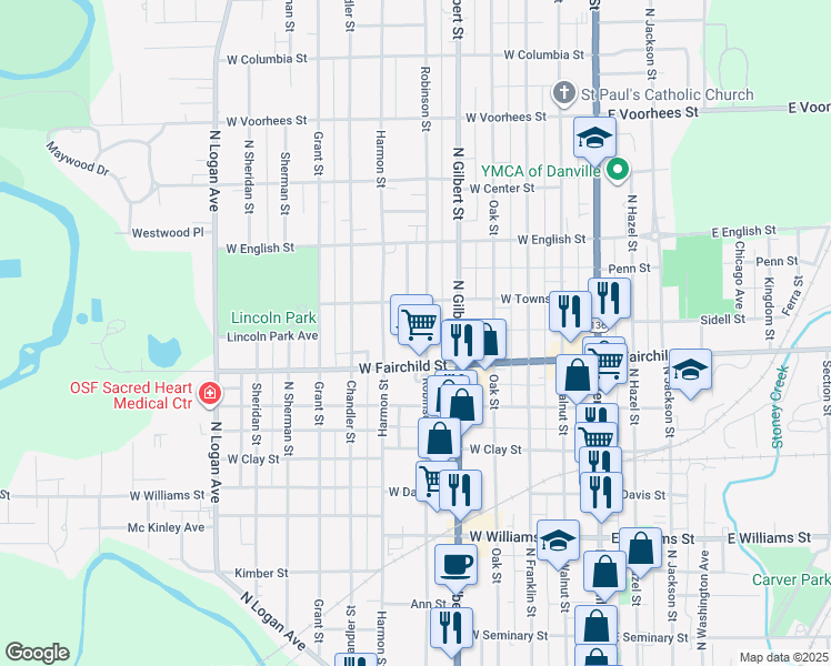 map of restaurants, bars, coffee shops, grocery stores, and more near 510 West Townsend Street in Danville