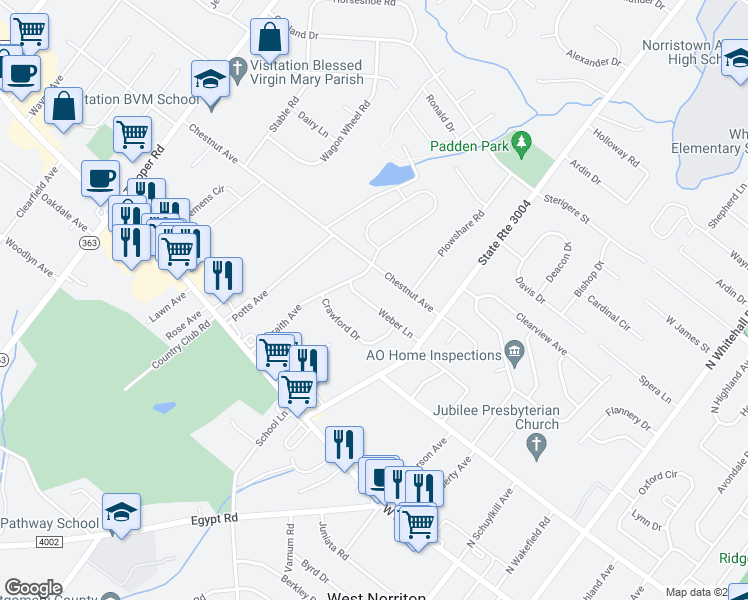 map of restaurants, bars, coffee shops, grocery stores, and more near 2119 Weber Lane in Norristown
