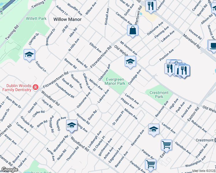 map of restaurants, bars, coffee shops, grocery stores, and more near 2746 Phipps Avenue in Willow Grove