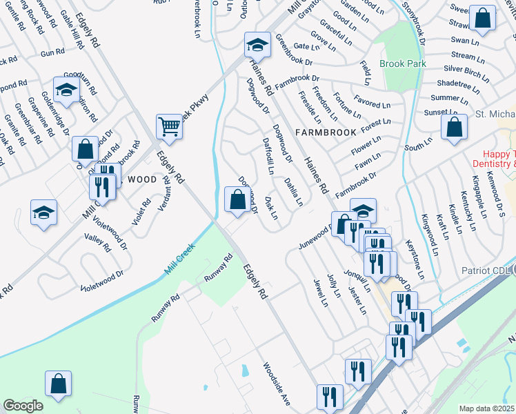 map of restaurants, bars, coffee shops, grocery stores, and more near 129 Dogwood Drive in Levittown