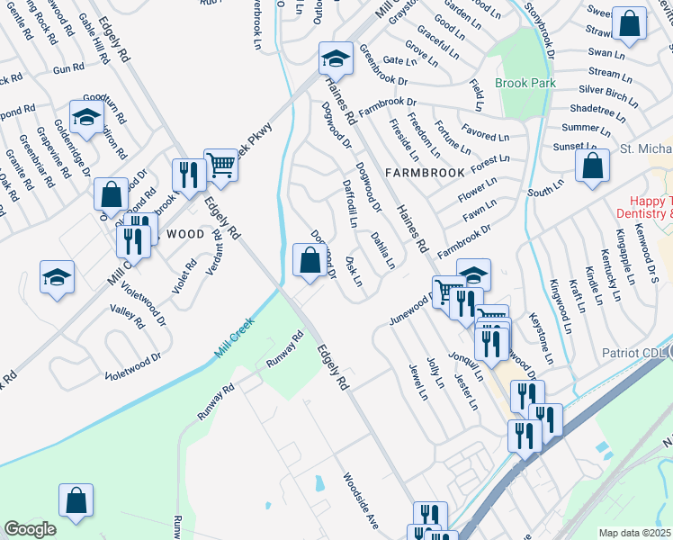 map of restaurants, bars, coffee shops, grocery stores, and more near 129 Dogwood Drive in Levittown