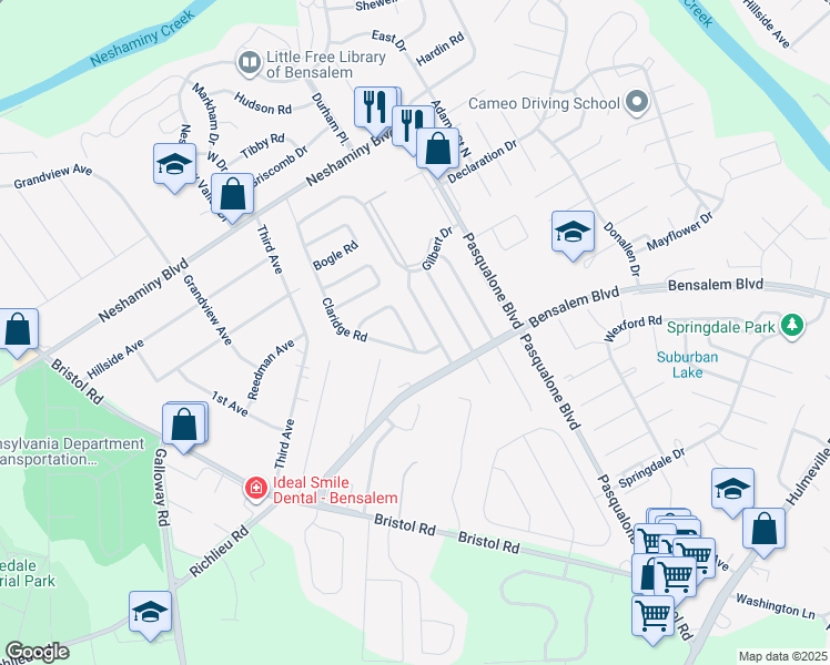 map of restaurants, bars, coffee shops, grocery stores, and more near 3212 Drexel Road in Bensalem
