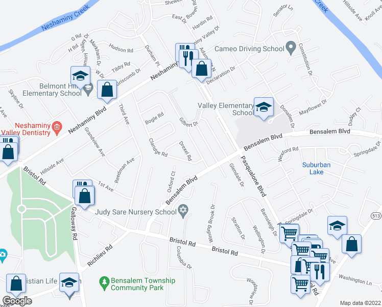 map of restaurants, bars, coffee shops, grocery stores, and more near 3212 Drexel Road in Bensalem