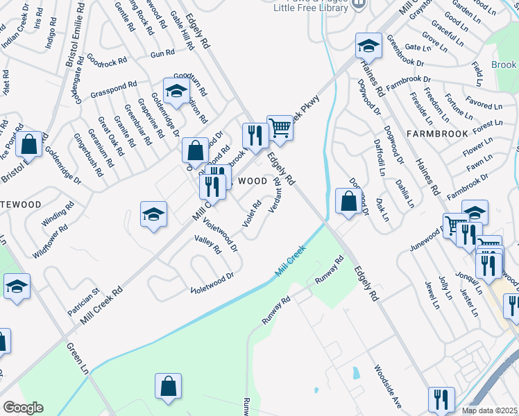map of restaurants, bars, coffee shops, grocery stores, and more near 36 Violet Road in Levittown