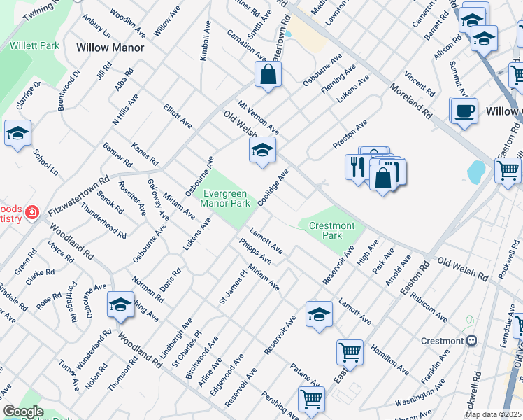map of restaurants, bars, coffee shops, grocery stores, and more near 1649 Coolidge Avenue in Willow Grove