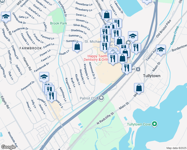 map of restaurants, bars, coffee shops, grocery stores, and more near 183 Kenwood Drive South in Levittown