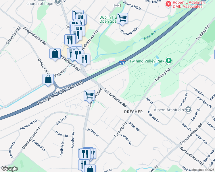 map of restaurants, bars, coffee shops, grocery stores, and more near 229 Brookdale Court in Dresher