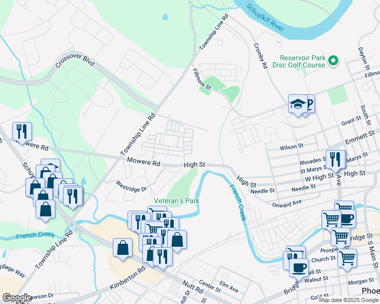 map of restaurants, bars, coffee shops, grocery stores, and more near 1005 Armstrong Lane in Phoenixville