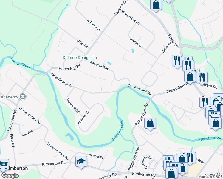 map of restaurants, bars, coffee shops, grocery stores, and more near 705 Creekview Circle in Phoenixville