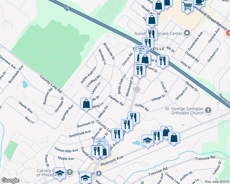 map of restaurants, bars, coffee shops, grocery stores, and more near 24 Hilltop Road in Feasterville-Trevose