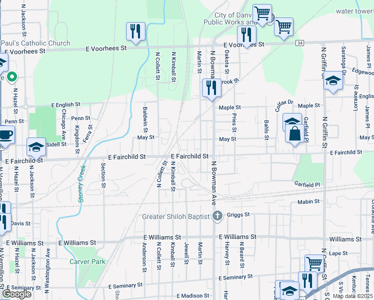 map of restaurants, bars, coffee shops, grocery stores, and more near 824 May Street in Danville