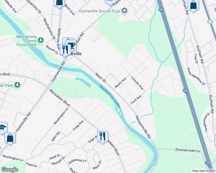 map of restaurants, bars, coffee shops, grocery stores, and more near 410 Main Street in Hulmeville