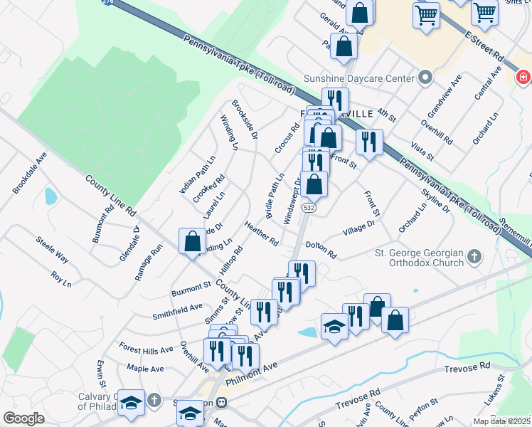 map of restaurants, bars, coffee shops, grocery stores, and more near 26 Bridle Path Lane in Feasterville-Trevose