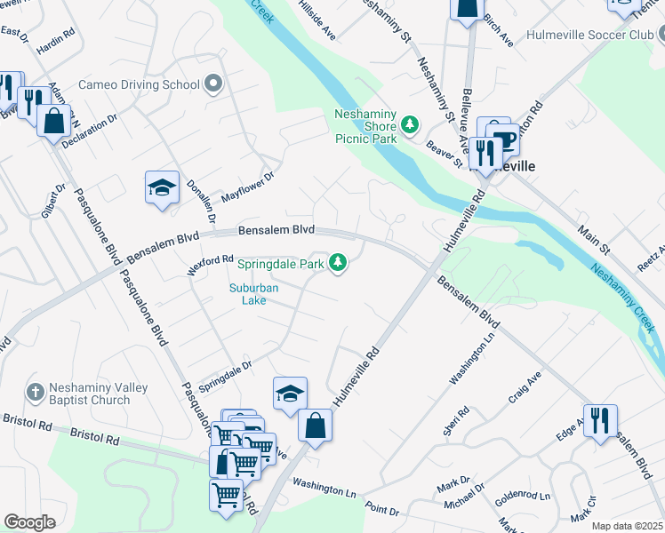 map of restaurants, bars, coffee shops, grocery stores, and more near 3001 Rampart Road in Bensalem