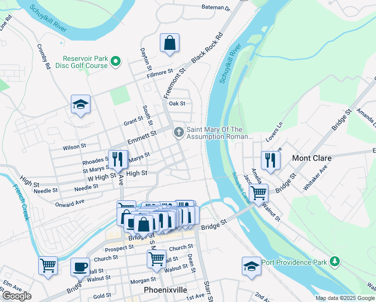 map of restaurants, bars, coffee shops, grocery stores, and more near 1 Penn Street in Phoenixville