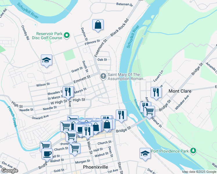 map of restaurants, bars, coffee shops, grocery stores, and more near 1 Penn Street in Phoenixville