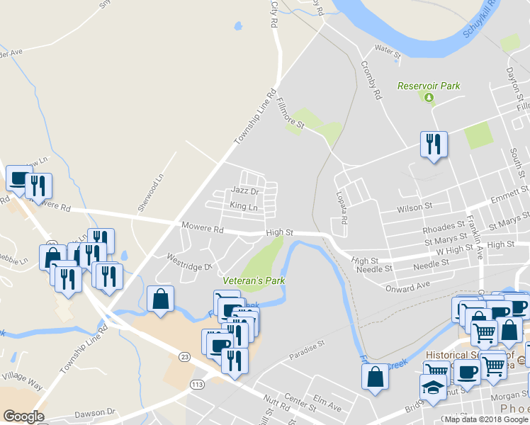 map of restaurants, bars, coffee shops, grocery stores, and more near 1005 Armstrong Lane in Phoenixville