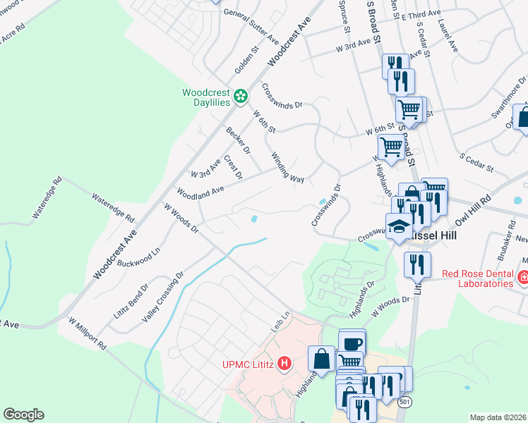 map of restaurants, bars, coffee shops, grocery stores, and more near 59 Tupelo Street in Lititz