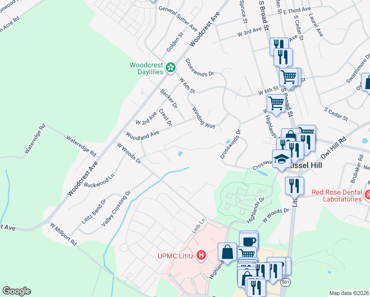 map of restaurants, bars, coffee shops, grocery stores, and more near 25 Woodland Avenue in Lititz