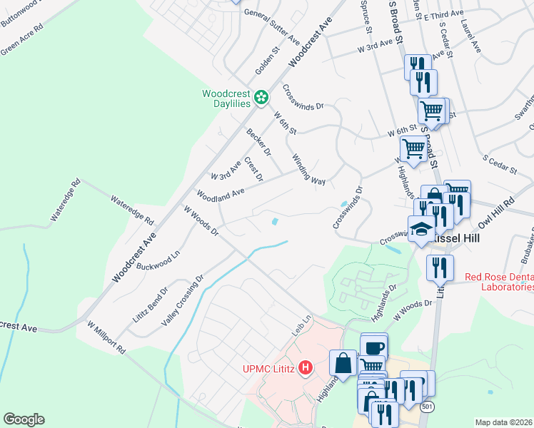 map of restaurants, bars, coffee shops, grocery stores, and more near 25 Woodland Avenue in Lititz