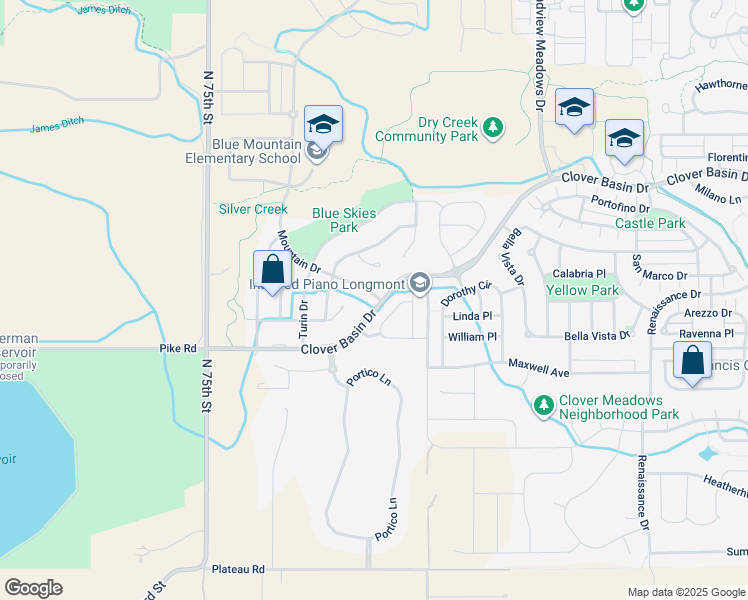 map of restaurants, bars, coffee shops, grocery stores, and more near 1634 Mountain Drive in Longmont